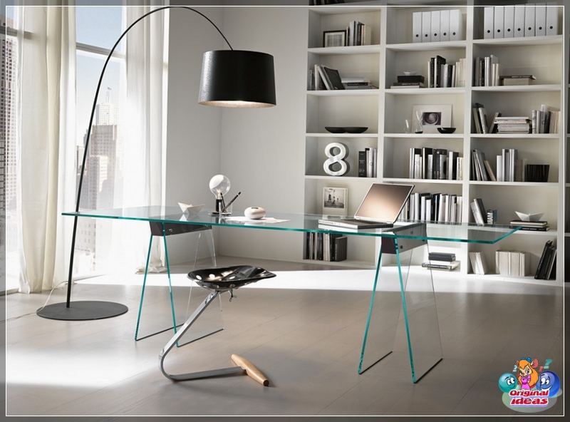 cabinet Beige office with a large floor lamp and an unusual chair