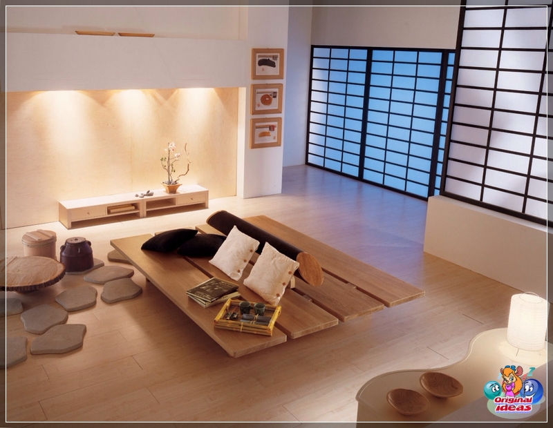 In chinesischen und japanischen Wohnzimmern ist der Bodenbelag selten dunkel, in der Regel handelt es sich um ein beigefarbenes Laminat