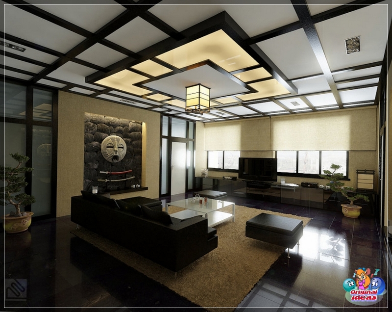 Die Decke in einem ostasiatischen Wohnzimmer kann mit Kreuzbalken verziert werden