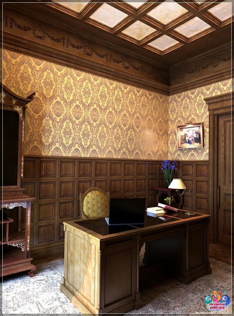 Złote ozdoby na tapecie w biurze w stylu angielskim