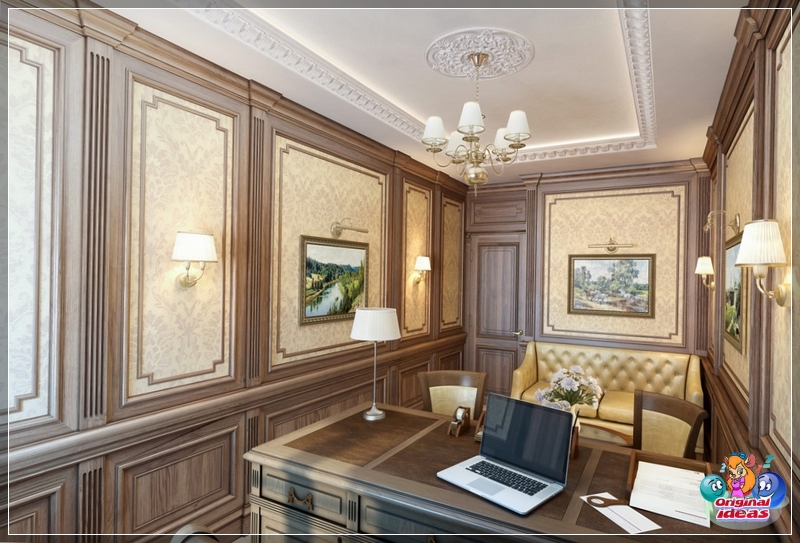 Tapeta i panele we wnętrzu w stylu angielskim w biurze