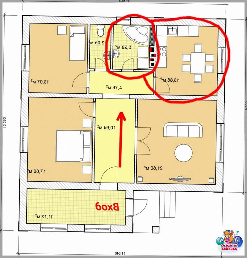 Poor location of the bathroom opposite the entrance and next to the kitchen Poor location of the bathroom opposite the entrance and next to the kitchen