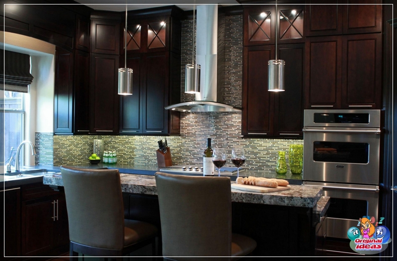 chandelier A kitchen decorated in dark colors will require brighter lighting