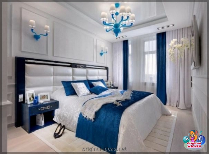 Chambre à coucher en tons bleus: combinaisons avec d'autres nuances, options de décoration, les meilleures idées et les nouveautés de design, photo (bleus) Chambre à coucher en tons bleus: combinaisons avec d'autres nuances, options de décoration, les meilleures idées et les nouveautés de design, photo