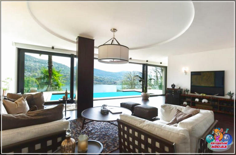 avec Salon avec vue sur la piscine et plafond à plateau circulaire
