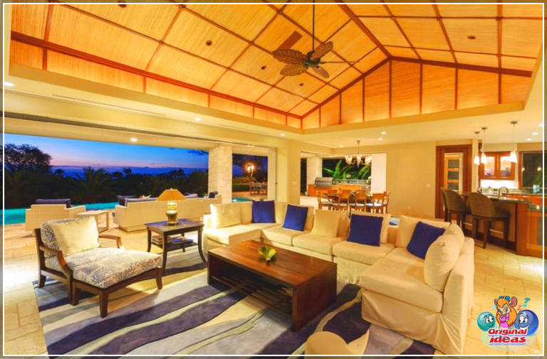 avec Incroyable salon à la maison tropicale avec vue sur l'océan