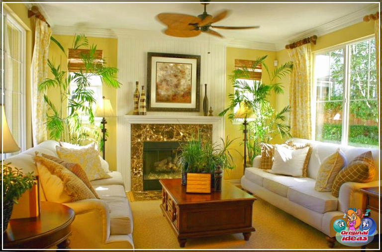 avec Salon lumineux à thème tropical avec ventilateur