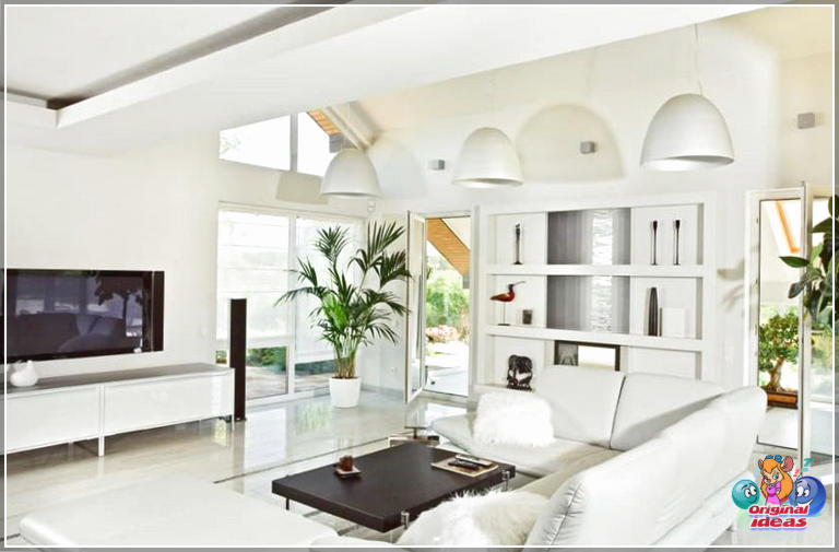 avec Design de salon décontracté blanc brillant avec un thème minimaliste