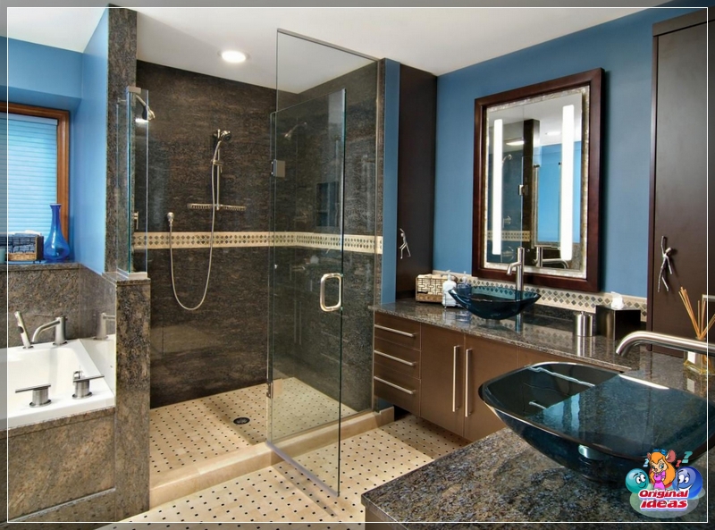Unusual design of the sink, countertops made of dark material, modern equipment - all this will add charm to your bathroom