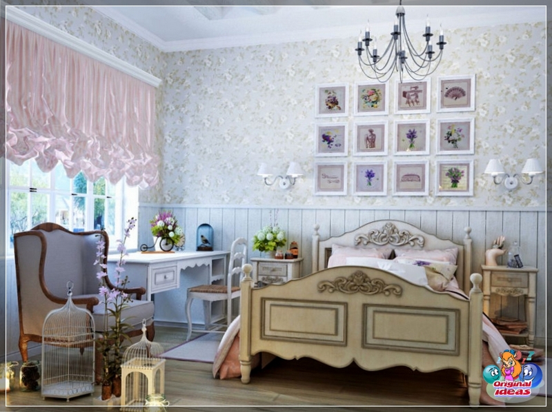 The combination of wallpaper and wood panels in the nursery in the style of Provence