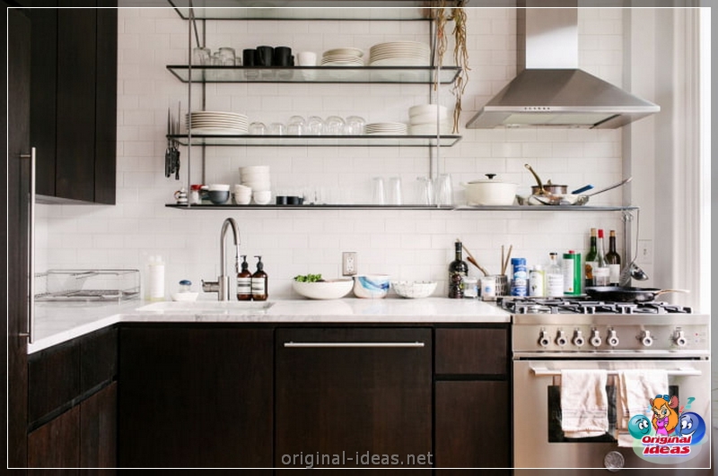 Кухонныя паліцы Завяцаваныя: тыпы і фатаграфіі ідэй адкрытых, закрытых, завешаных канструкцый для кухні