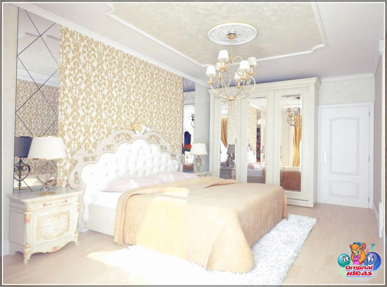 Сімпатычная спальня з белым дываном гардэроба і падгалоўем ложка