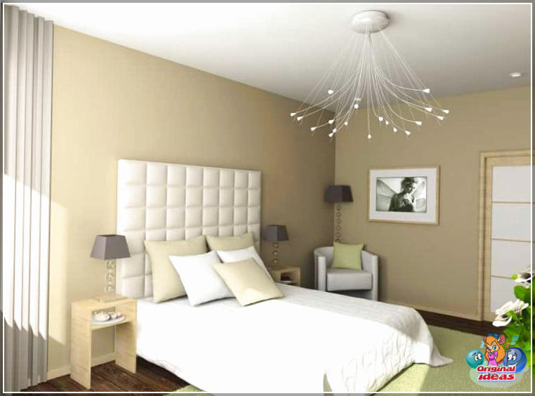 Сучасная спальня з падвесным святлом на белай дошцы