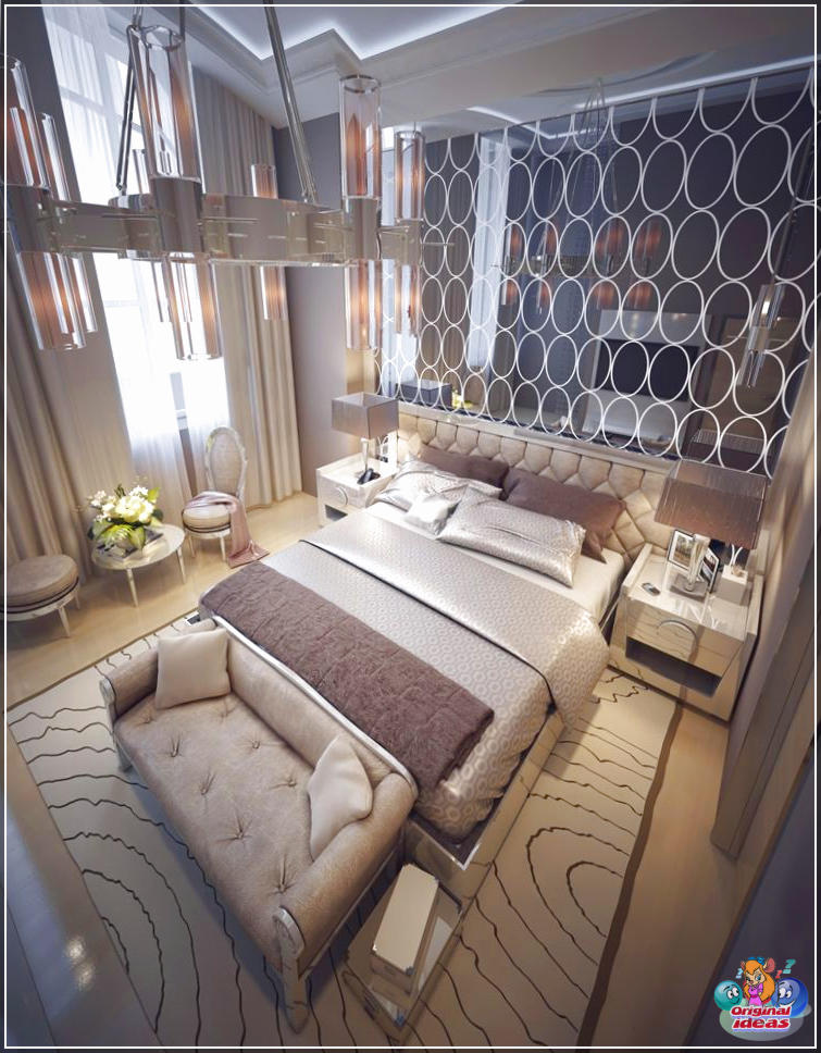 Раскошная сучасная спальня з насценным люстэркам у стылі круга