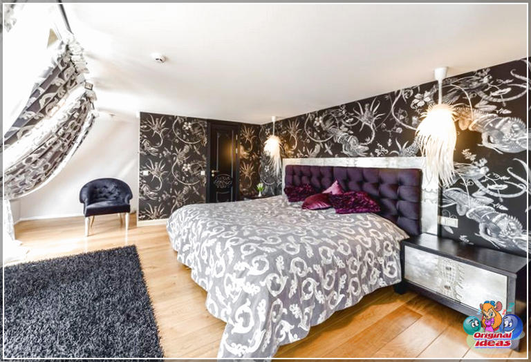 Сучасны дызайн спальні з чорна-белымі шпалерамі