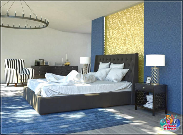 Сучасны дызайн спальні з сіняй золатам