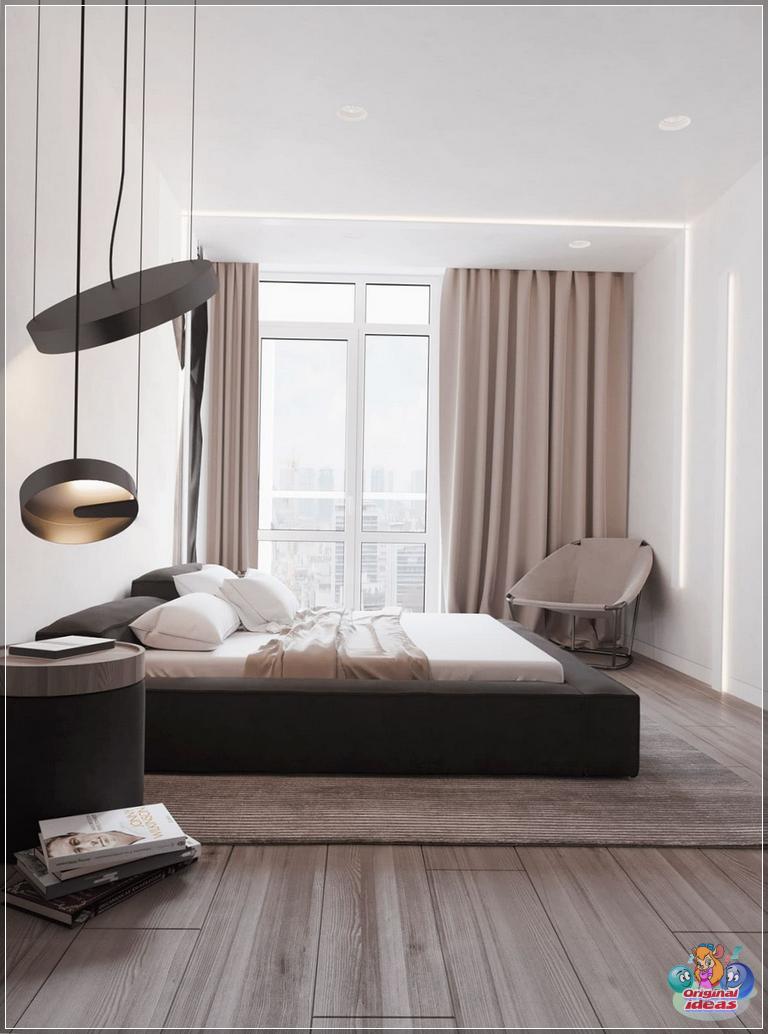 Soft and calm interior of a large bedroom
