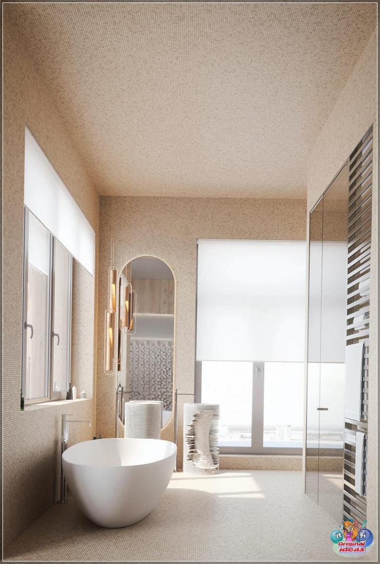 The beige bathtub looks elegant, stylish and respectable
