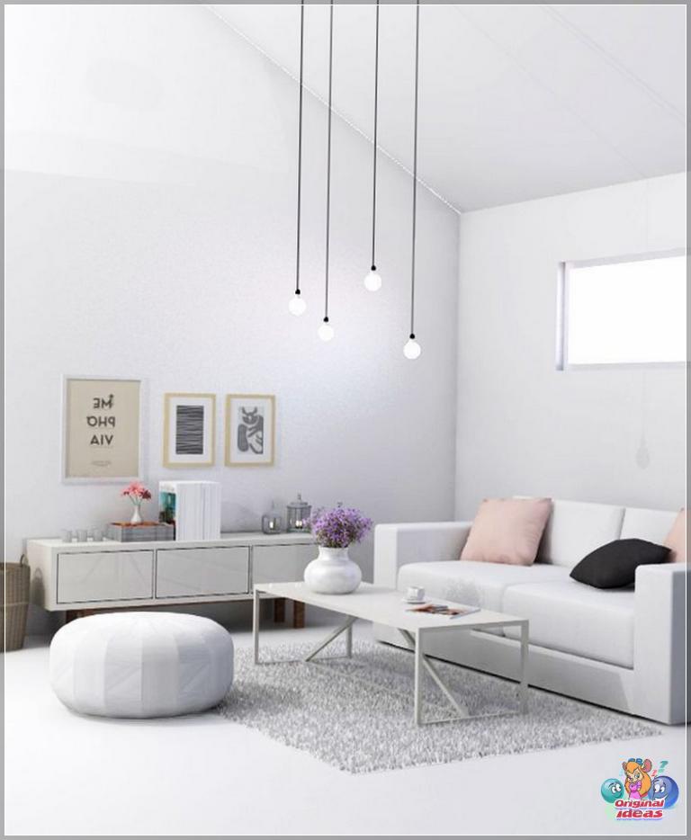 The best solution for high ceilings in the living room will be original pendant lamps.