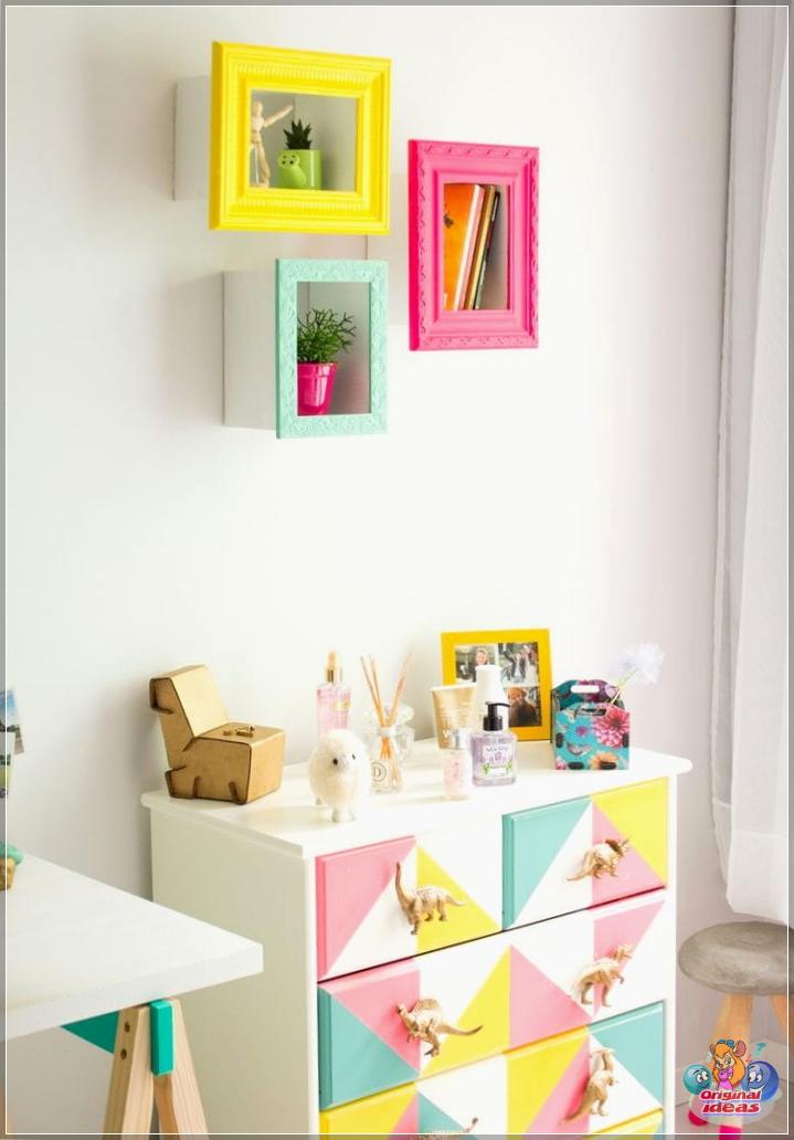 The multi-colored toy storage cabinet looks spectacular against a white wall