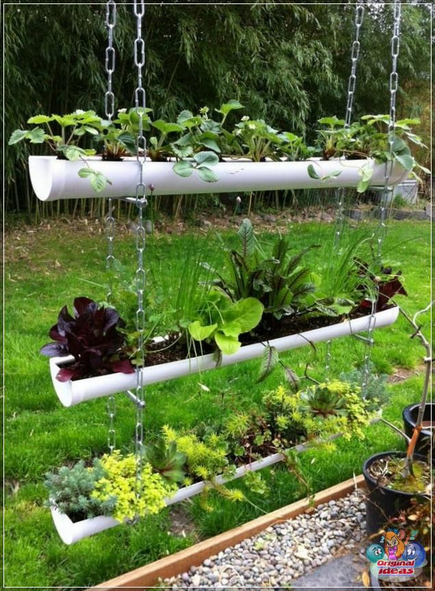 Suspended flower bed made of plastic gutters