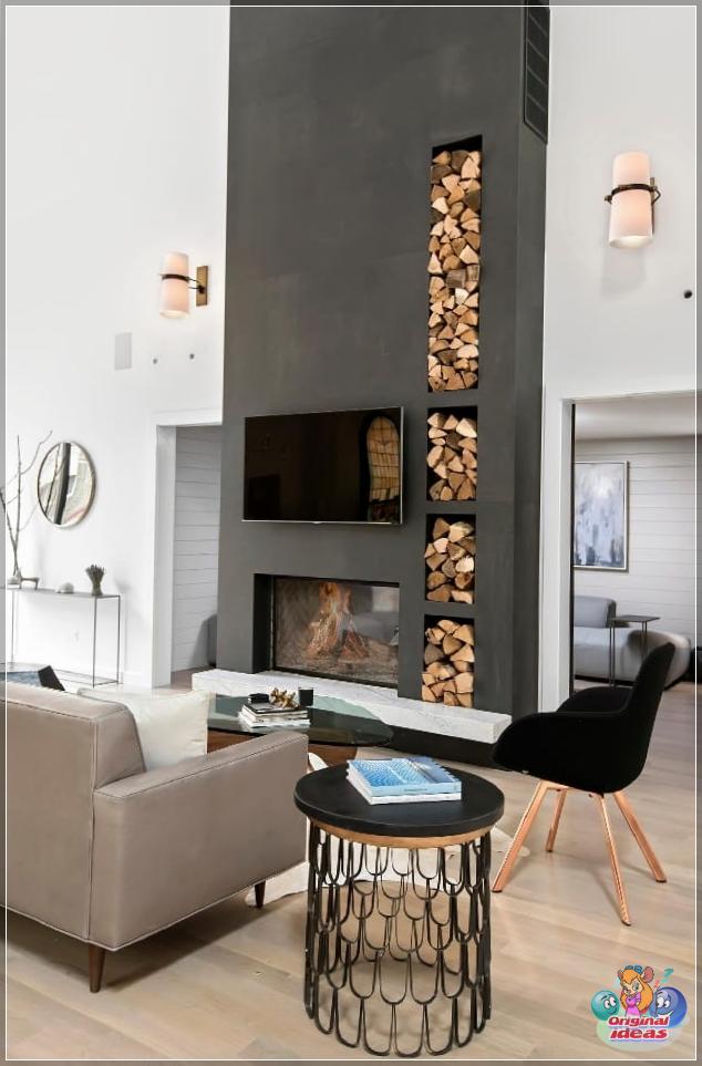 Stylish fireplace with original niches for firewood