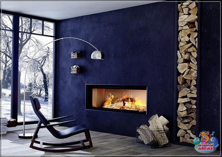 Unusual execution of the fireplace built into the wall