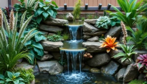waterfall design, flow patterns, rock selection, plant integration, serene retreats