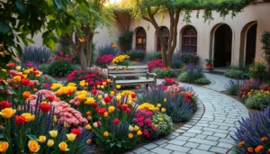 Beautiful Flowerbed and Flower Garden in the Courtyard