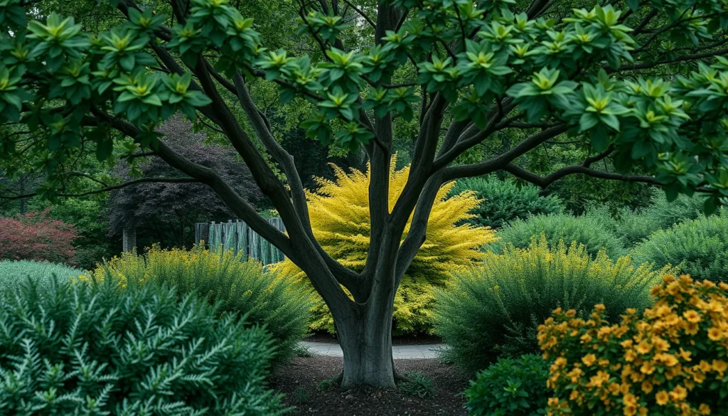 A lush garden scene featuring a tree with a dark trunk and vibrant green leaves at the center, surrounded by various shrubs in shades of yellow and green. Bright yellow flowers add a pop of color in the foreground, while a pathway is partially visible behind the foliage. Designing Harmony The Art of Integrating Trees and Shrubs in Your Garden Bed