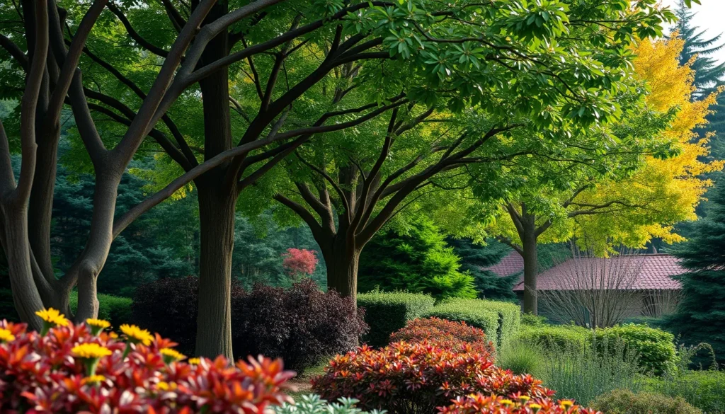 A lush garden scene features tall trees with vibrant green and yellow leaves, surrounded by various shrubs and flowering plants in shades of red and yellow. A building with a red-tiled roof peeks through the foliage in the background, adding a touch of architecture to the natural setting. Designing Harmony The Art of Integrating Trees and Shrubs in Your Garden Bed