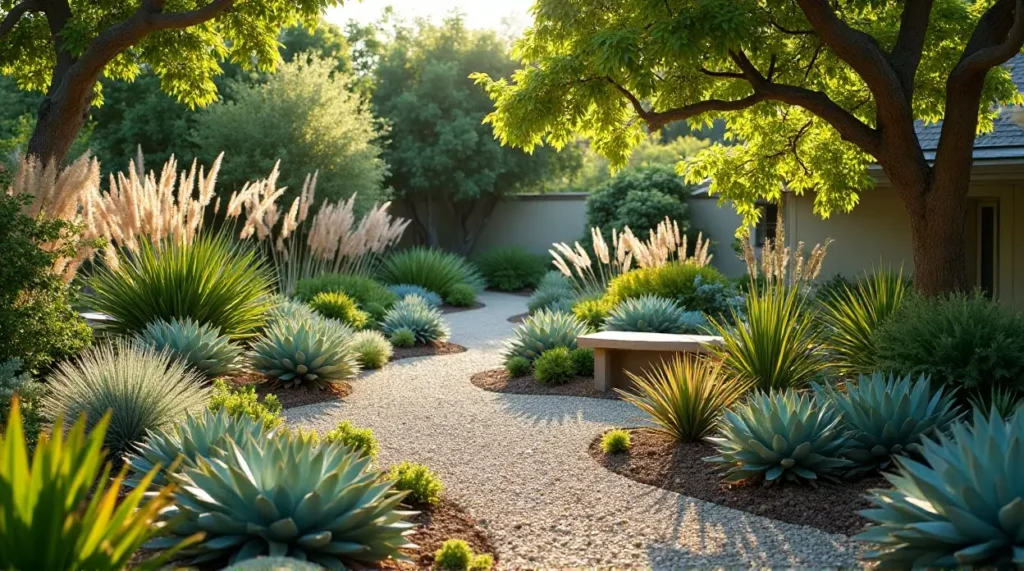 Lazy Gardener' /></div>
<p></a> A serene garden features a winding gravel path lined with lush agave plants and ornamental grasses, all under the shade of a large, leafy tree. A simple wooden bench sits along the path, inviting relaxation amidst the greenery.</p>
<div style='text-align:center;