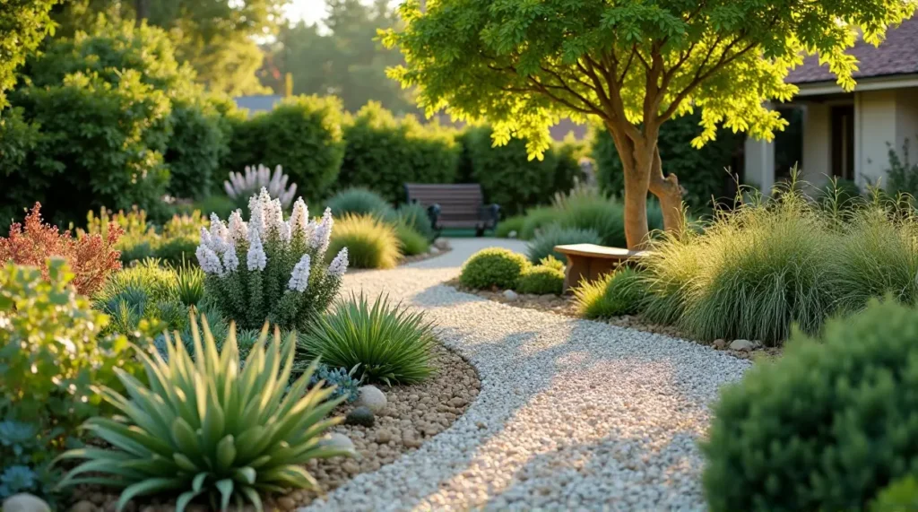 Lazy Gardener' /></div>
<p></a> A serene garden features a winding gravel path bordered by lush greenery and clusters of white and purple flowers. A small tree provides shade, and a wooden bench is visible in the distance, creating a tranquil setting.</p>
<div style='text-align:center;