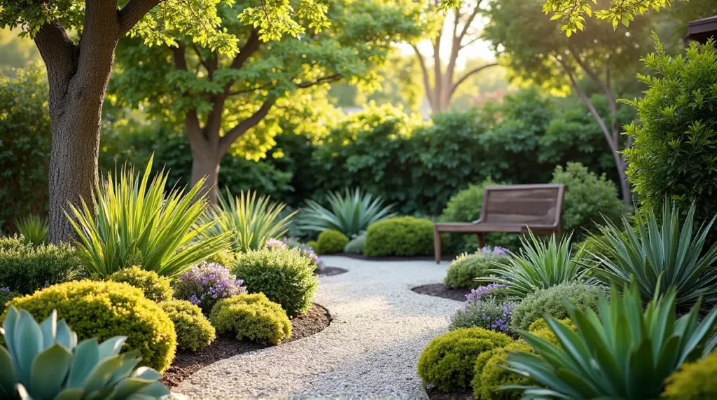 Lazy Gardener' /></div>
<p></a> A serene garden scene features a winding gravel path lined with lush green shrubs and spiky plants, leading to a wooden bench under the shade of a large tree, with sunlight filtering through the leaves.</p>
<div style='text-align:center;