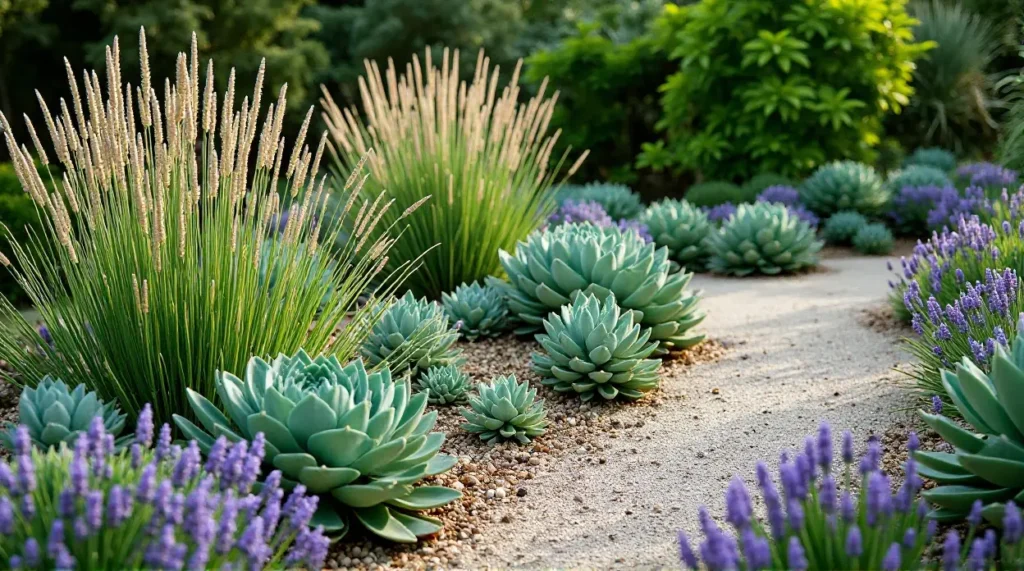 Lazy Gardener' /></div>
<p></a> A serene garden pathway is lined with lush succulents and vibrant lavender flowers, surrounded by tall ornamental grasses, creating a harmonious blend of textures and colors in a tranquil outdoor setting.</p>
<div style='text-align:center;