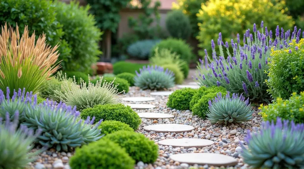 Lazy Gardener' /></div>
<p></a> A beautifully landscaped garden features a stone pathway surrounded by lush greenery and vibrant lavender plants. Small, rounded bushes and succulents add texture, while the background is filled with soft-focus trees and shrubs, creating a serene and inviting atmosphere.</p>
<h2 id='Conclusion' data-line='147