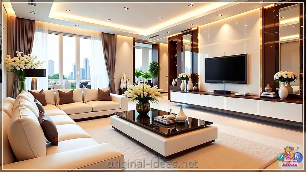 Modern Elegance: Serene Living Room with Minimalist TV & Cozy Comfort