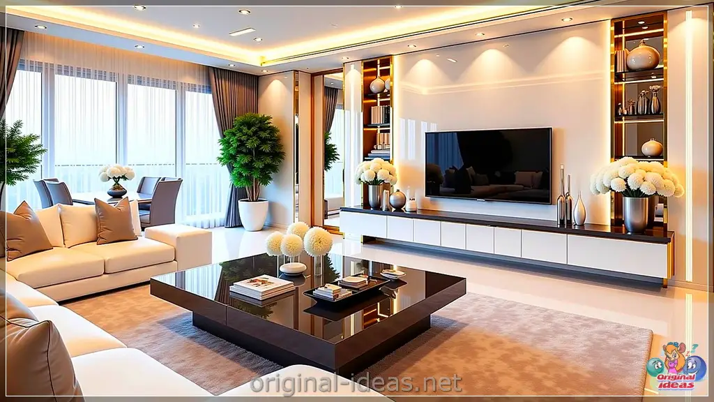 Modern Elegance: Serene Living Room with Minimalist TV & Cozy Comfort
