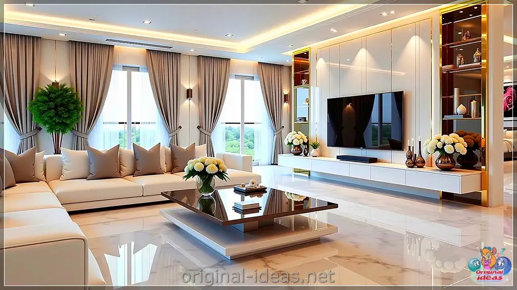 Modern Elegance: Serene Living Room with Minimalist TV & Cozy Comfort