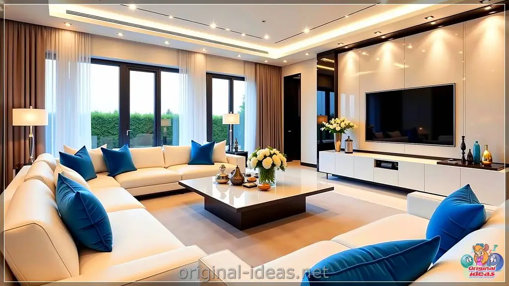 Modern Elegance: Serene Living Room with Minimalist TV & Cozy Comfort