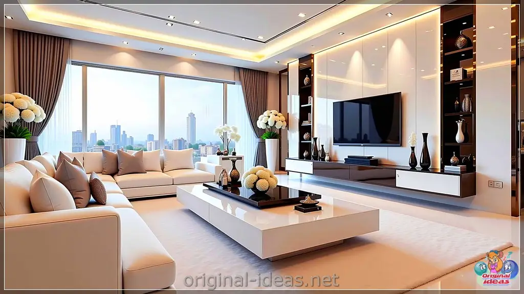 Modern Elegance: Serene Living Room with Minimalist TV & Cozy Comfort