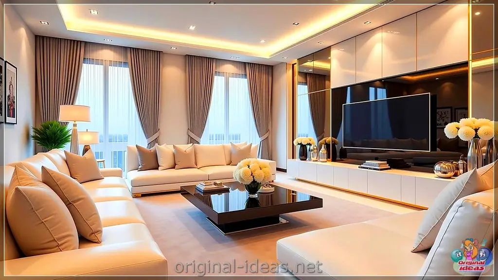 Modern Elegance: Serene Living Room with Minimalist TV & Cozy Comfort