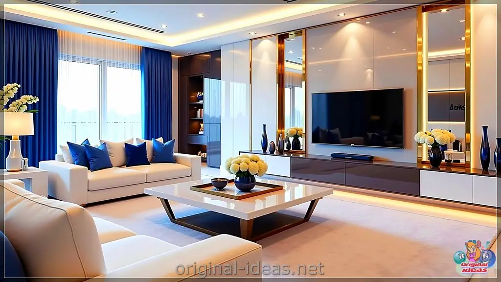 Modern Elegance: Serene Living Room with Minimalist TV & Cozy Comfort