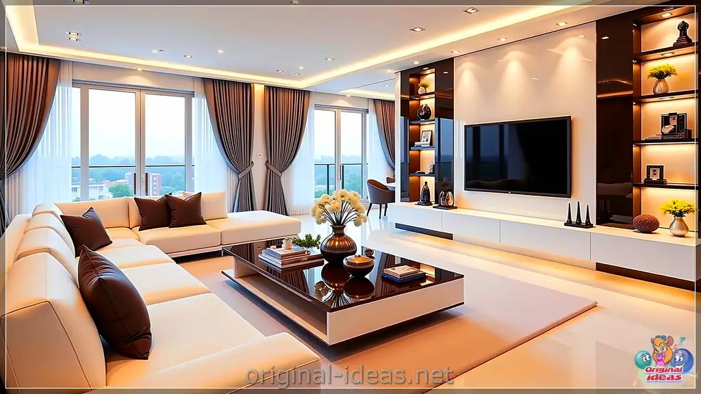 Modern Elegance: Serene Living Room with Minimalist TV & Cozy Comfort