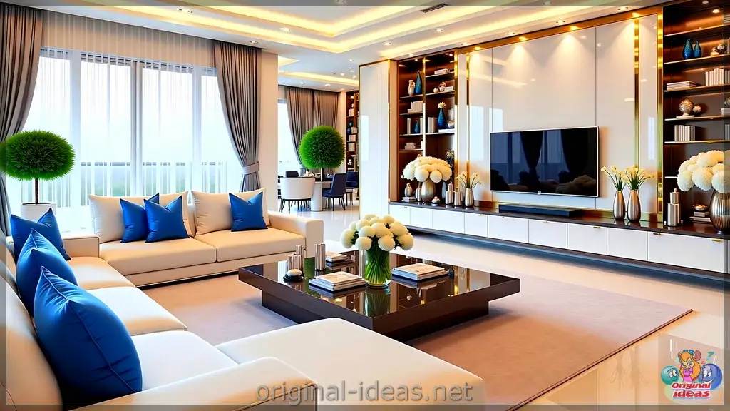 Modern Elegance: Serene Living Room with Minimalist TV & Cozy Comfort