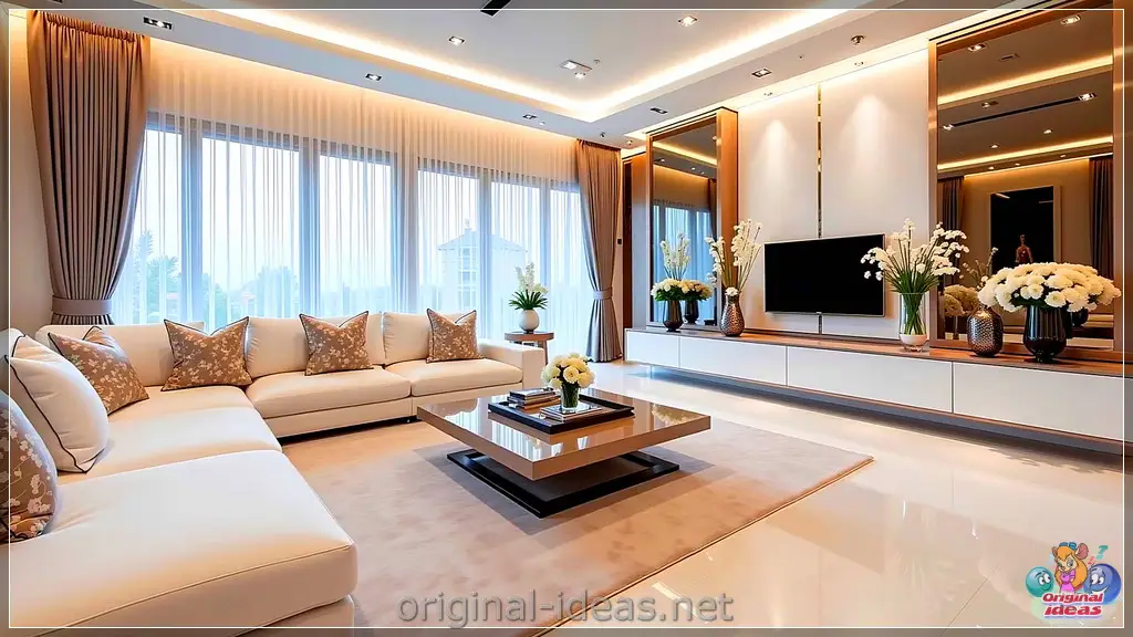 Modern Elegance: Serene Living Room with Minimalist TV & Cozy Comfort
