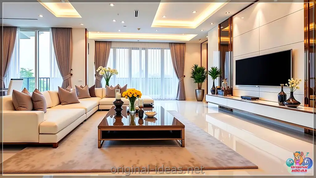 Modern Elegance: Serene Living Room with Minimalist TV & Cozy Comfort