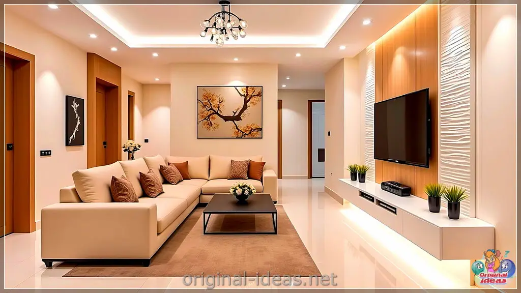 Modern Elegance: Serene Living Room with Minimalist TV & Cozy Comfort