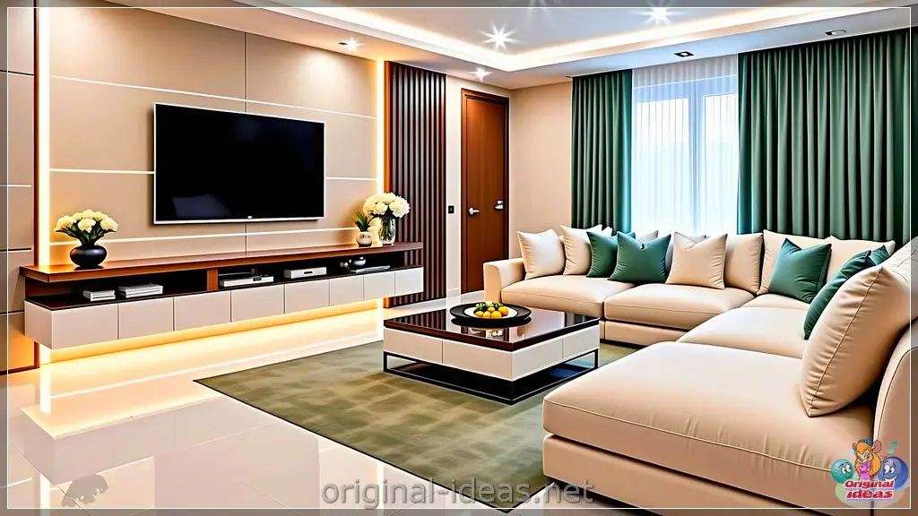 Modern Elegance: Serene Living Room with Minimalist TV & Cozy Comfort