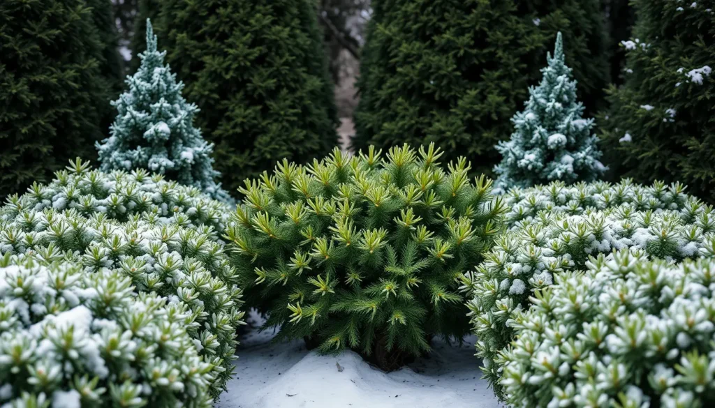 Evergreen plants (winter structure and year-round color)